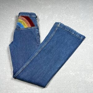 Free People Blue Denim Flare Jeans with Rainbow Patch